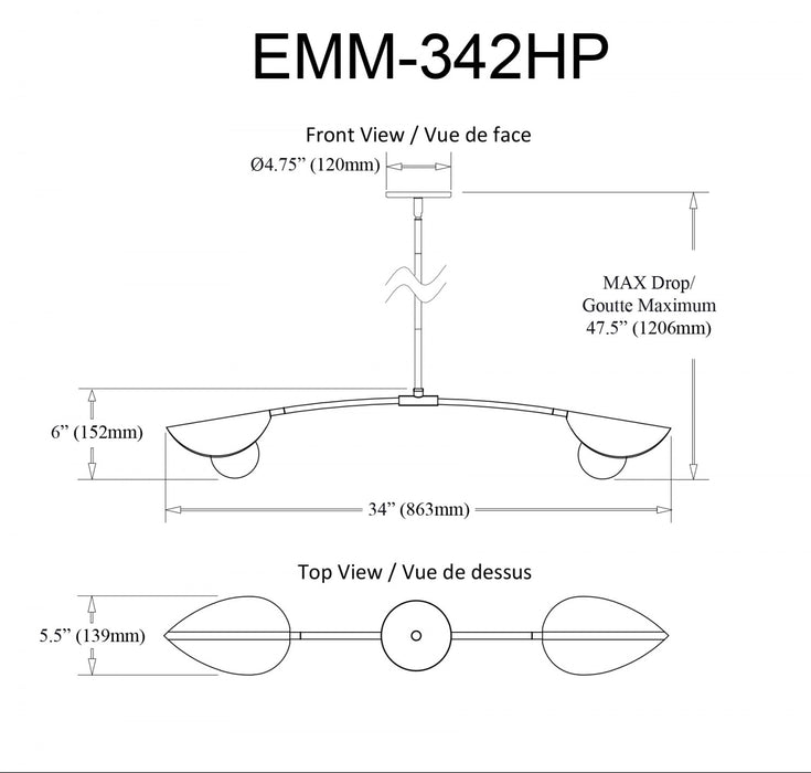 Dainolite Emma 2 Light Horizontal Pendant Aged Brass Finish White Glass Lamp