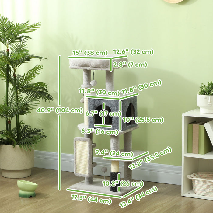 Pawhut Cat Tree For Large Cat Adults, 41 Inch Cat Tower For Indoor Cats W/ Scratching Posts, Cat Bed, Condo, Grooming Brush, Jumping Platforms, Toy Balls, Anti-tip Kit, Light Grey