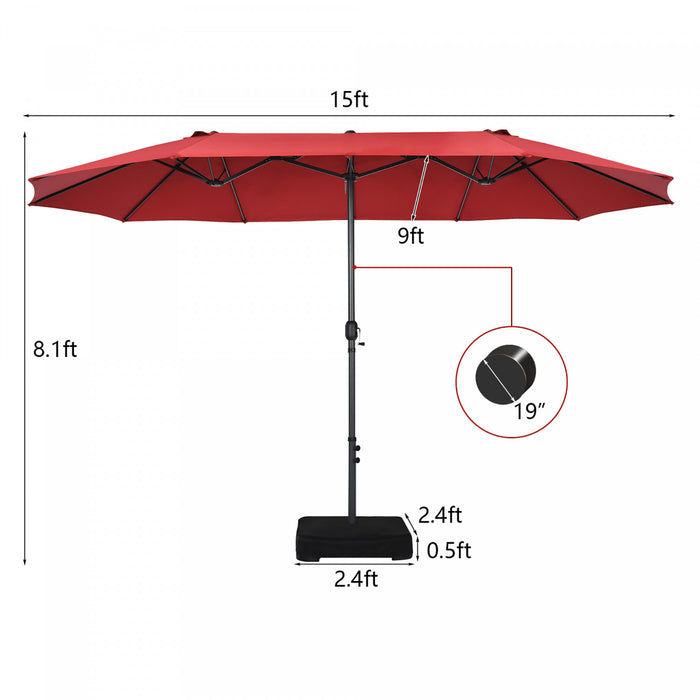 Costway 15FT Double-Sided Twin Patio Umbrella Sun Shade Outdoor Crank Market Base Wine