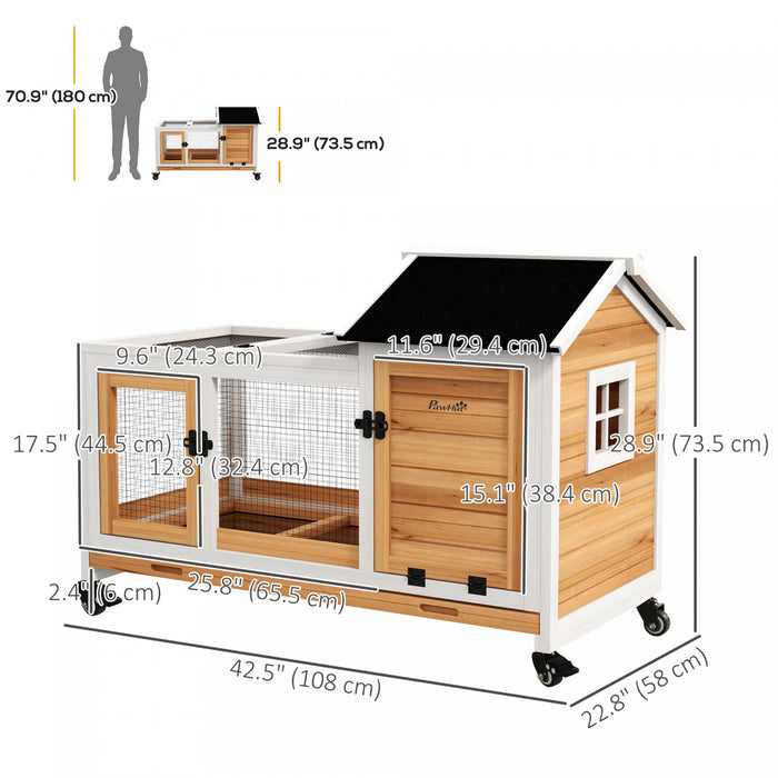 PawHut Indoor Rabbit Hutch with Wheels, Bunny Cage with Ramp, Run, Pull Out Tray, Suitable for Rabbit, Guinea Pig, Yellow