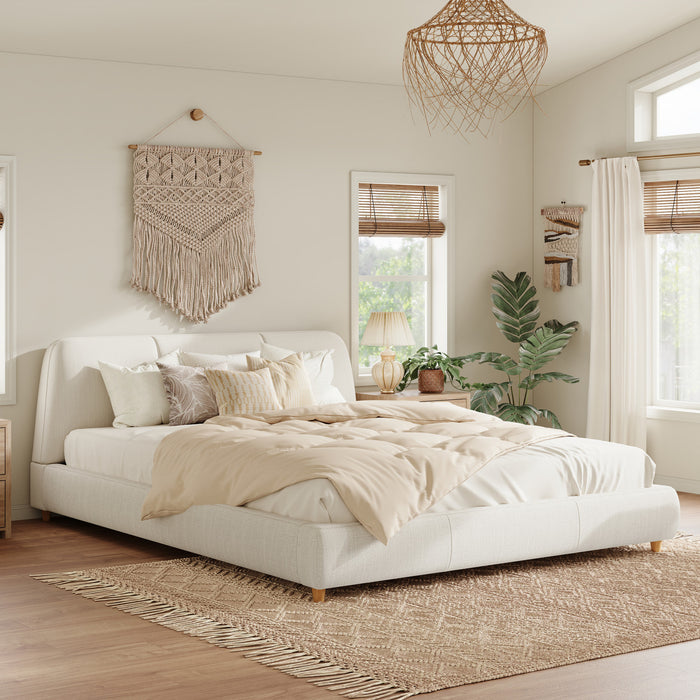 Acheson Upholstered Bed with Soft Linen Headboard,Queen Size - Beige
