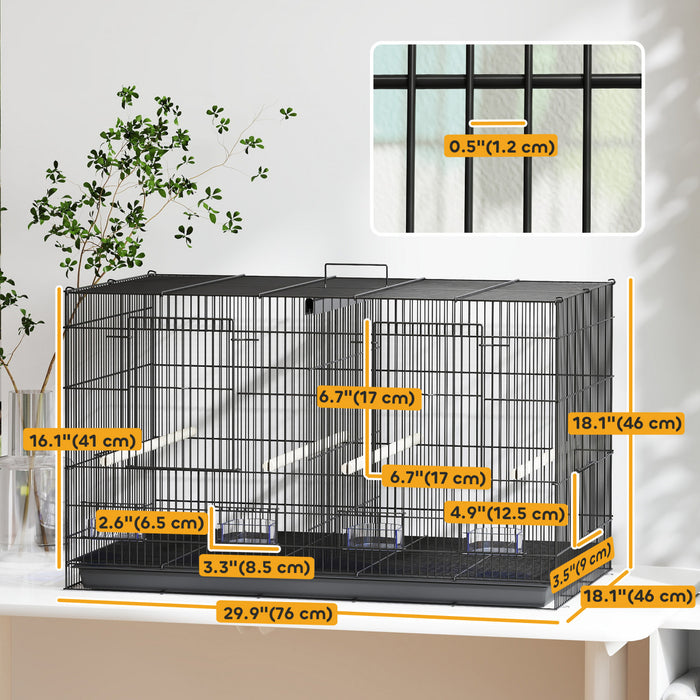 PawHut 18\" H Bird Cage, Parakeet Cages for Budgie, Lovebird, Canary, Finches with Divider, 4 Wooden Perches, Slide Out Tray, 4 Feeders, Black