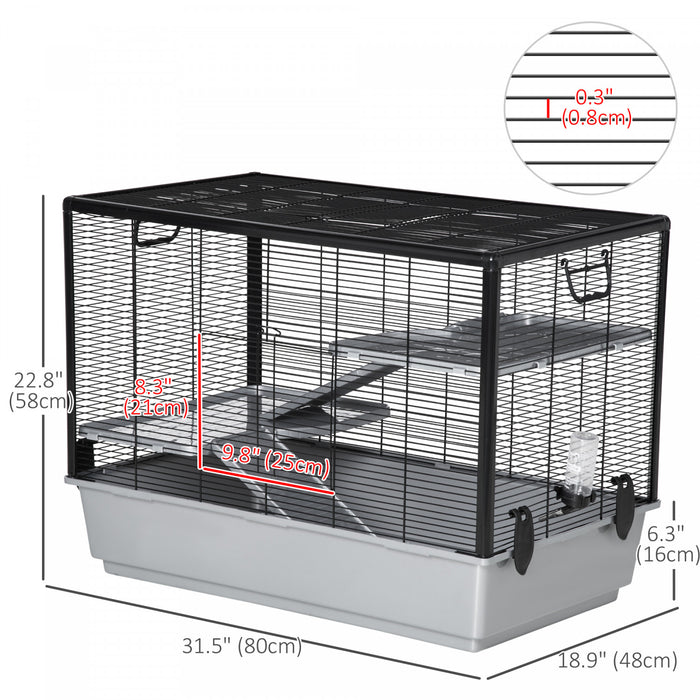 Pawhut 3-tier Hamster Cage, Guinea Pig Cage, Pet Chinchillas Play House Indoor With Accessories Food Dish Water Bottle, Ramps, 31.5\"x19\"x23\", Grey