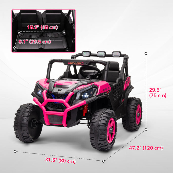 Qaba 2 Seater Electric Car For Kids, 24v 7ah Big Battery Powered Ride-On Car With Remote Control, 3 Speed, Slow Start, Led Lights, Music, Horn, Spring Suspension, For 3-8 Years, Pink