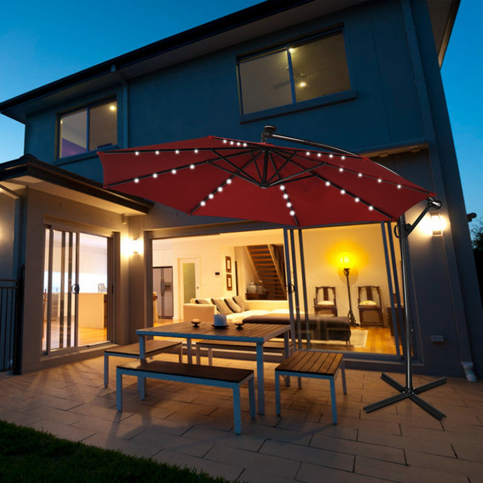 Costway 10FT Patio Offset Umbrella Solar LED 360degrees Rotation Burgundy