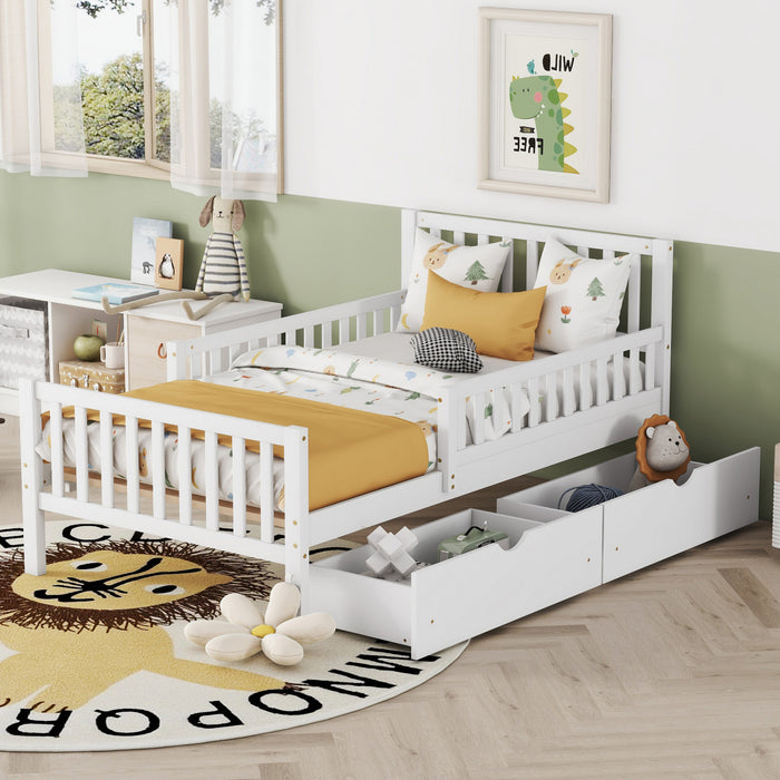 Emma Wood Platform Bed with Guardrails and Storage Drawers,Twin Size - White