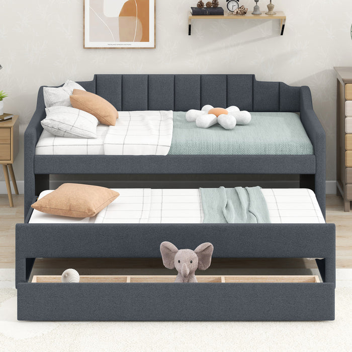 Hogan Linen-look Fabric Upholstered Daybed With Trundle And Storage Drawers, Twin Size, Grey