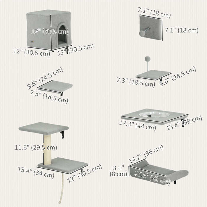 Pawhut Cat Wall Shelves, 7pcs Cat Shelves With Perches, House, Sisal Post Ladder, Bed & Ball, Ceiling Wall Mounted Cat Climber, Grey