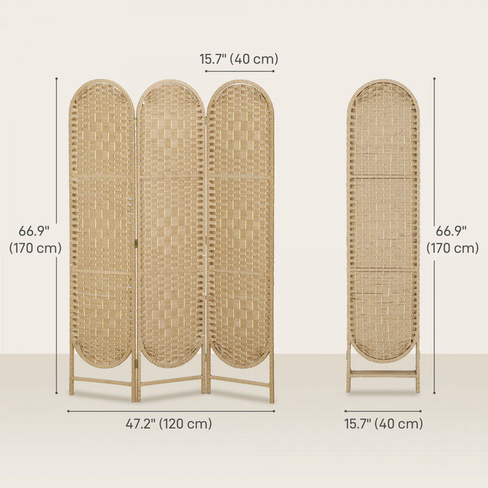 HOMCOM 3 Panel Room Divider, Bohemian Folding Privacy Screen, Natural Wood