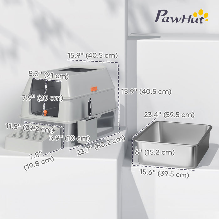 Pawhut Stainless Steel Cat Litter Box With Lid, Metal Litter Pan Tray With High Sided, Scoop, 34.5l, Easy Clean, Non-sticky & Anti-leakage, Light Grey