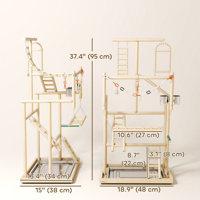 PawHut Bird Playground, Wooden Parrot Play Stand with Ladders, Chain Toy, Stainless Steel Cups and Tray, Bird Perch for Parakeets, Cockatiels, Finche, Budgie