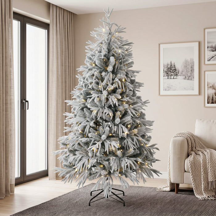 HOMCOM 6ft Prelit Christmas Tree, Flocked Xmas Tree, Green and White