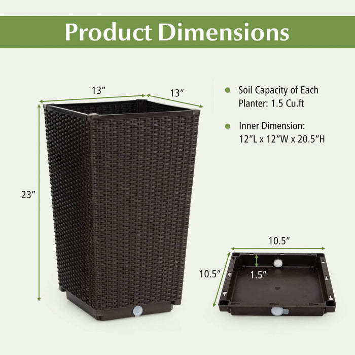 Costway 23\" Tall Planters Set Of 2 Rattan Wicker Plant Pot Self-watering Tree Pot Brown