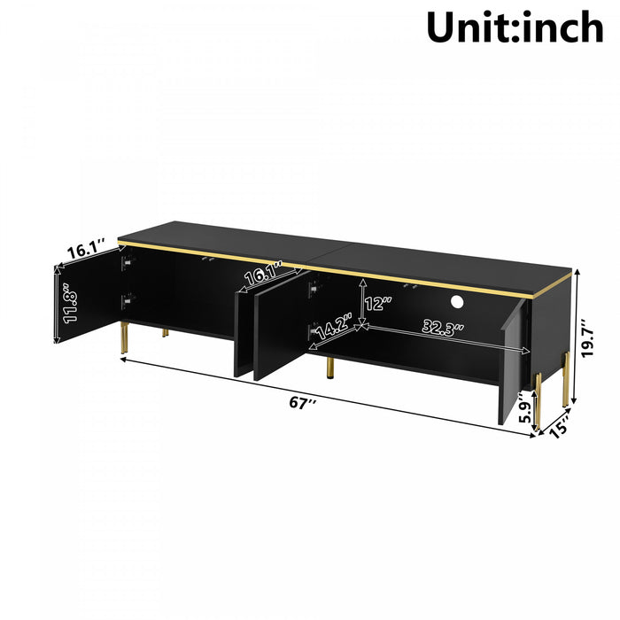 Croma 67 Inch Modern High-Gloss TV Stand with Cable Management and Gold Trim, Black