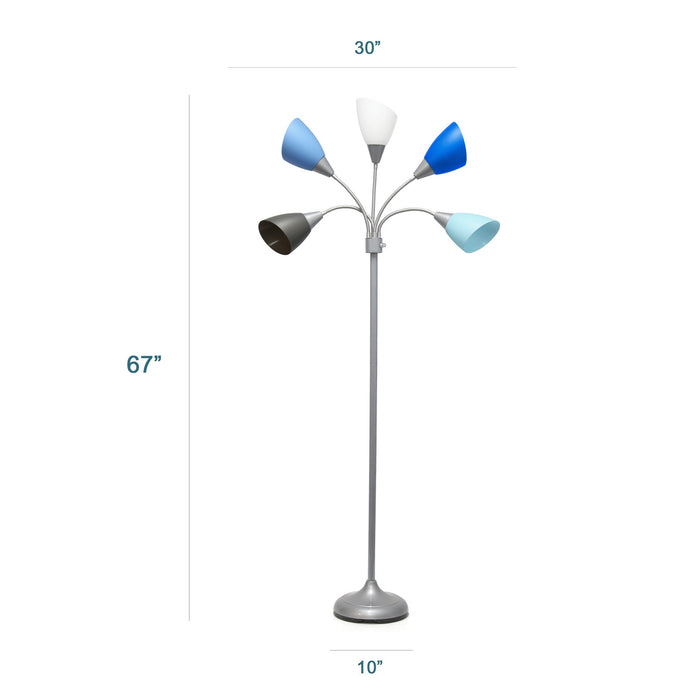 Skye 5 Light Adjustable Gooseneck Floor Lamp, Multi Blues, White, & Silver, 67\"H