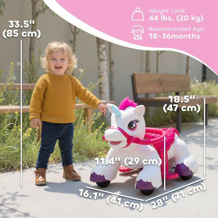 Qaba 12V Unicorn Ride on Toy, Battery Powered Kids Electric Ride on Horse with Carrot Toy, Comb, Animal Sounds, Forward & Backward, Riding Horse for Boys Girls Aged 1.5-3 Years