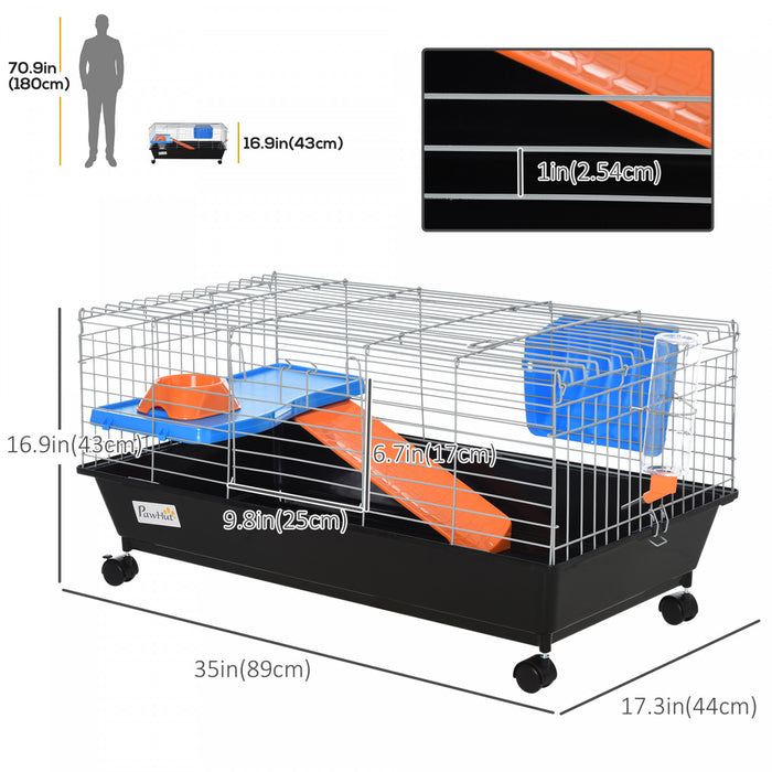 Pawhut 35\" Small Animal Cage, Rolling Bunny Cage, Guinea Pig Cage With Food Dish, Water Bottle, Hay Feeder, Platform, Ramp For Ferret Chinchilla, Black