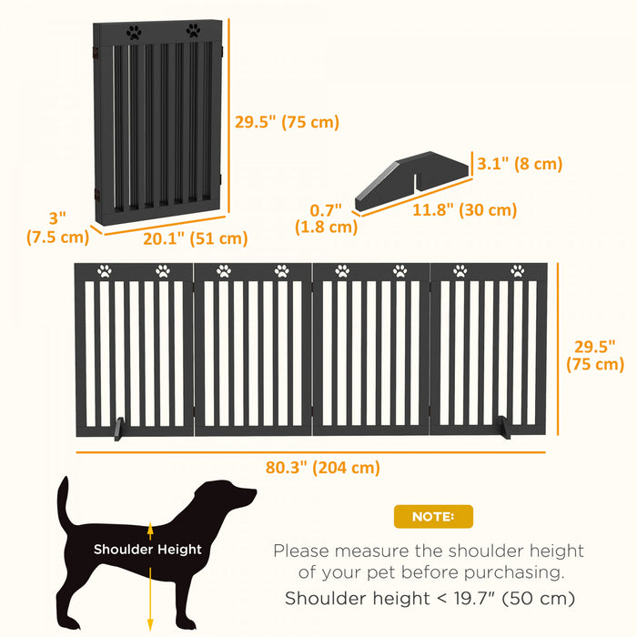 Pawhut Freestanding Pet Gate 4 Panel Dog Barrier Folding Safety Fence With Support Feet Up To 80.25\" Long 29.5\" Tall For Doorway Stairs Black