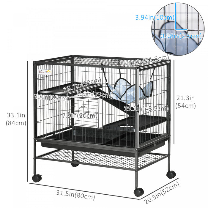 Pawhut Small Animal Cage With Wheels, Pet Playpen For Ferrets, Chinchillas, Guinea Pigs, Kittens, With Bottom Storage Shelf, Removable Tray, Ramp, 31.5\" X 20.5\" X 33.1\"