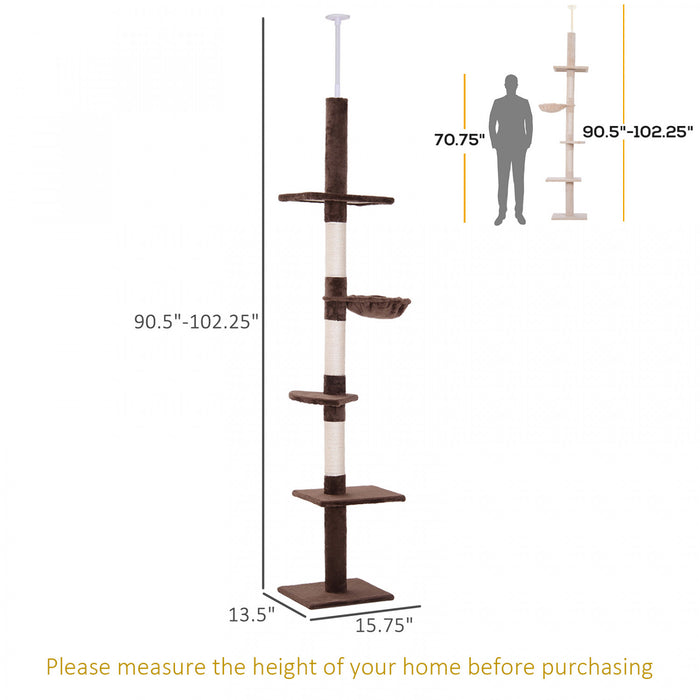 Pawhut 8.5ft Cat Climbing Tree 5-tier Kitty Activity Center Floor-to-ceiling Cat Climber Toy With Scratching Post Play Rest Post Pet Furniture Brown