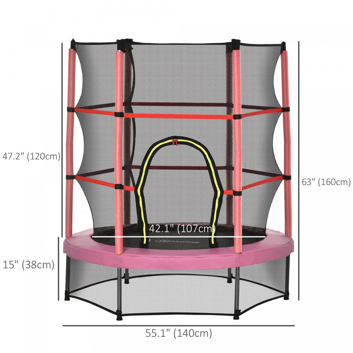 Outsunny 55\" Kids Trampoline with Enclosure Net Steel Frame Indoor Round Bouncer Rebounder Age 3 to 6 Years Old, Pink