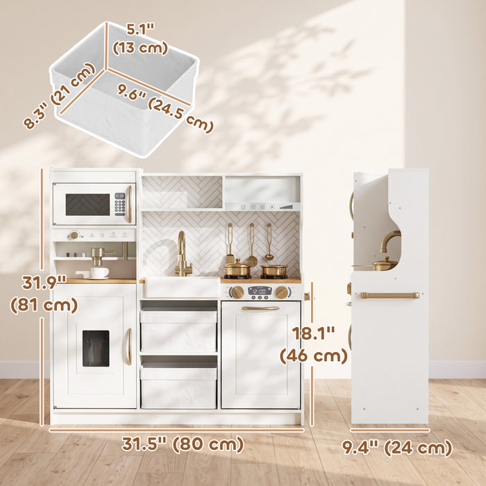 Qaba Play Kitchen, Kids Kitchen Playset with Coffee Machine, Ice Maker, Microwave, Oven, Storage, Pretend Play Set for Toddlers, Gift for Girls & Boys Ages 3+ Years, White