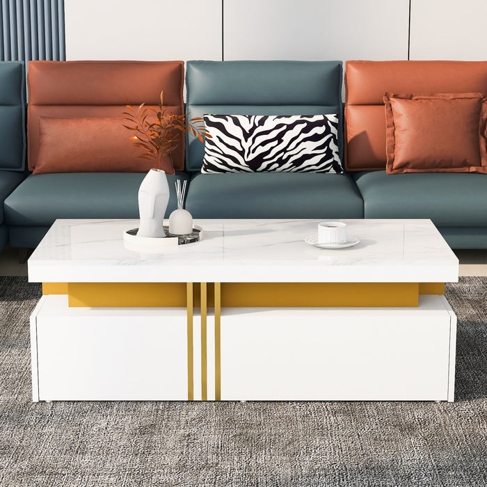 Noah Modern Coffee Table with Marble Pattern Top and Storage Drawers,White