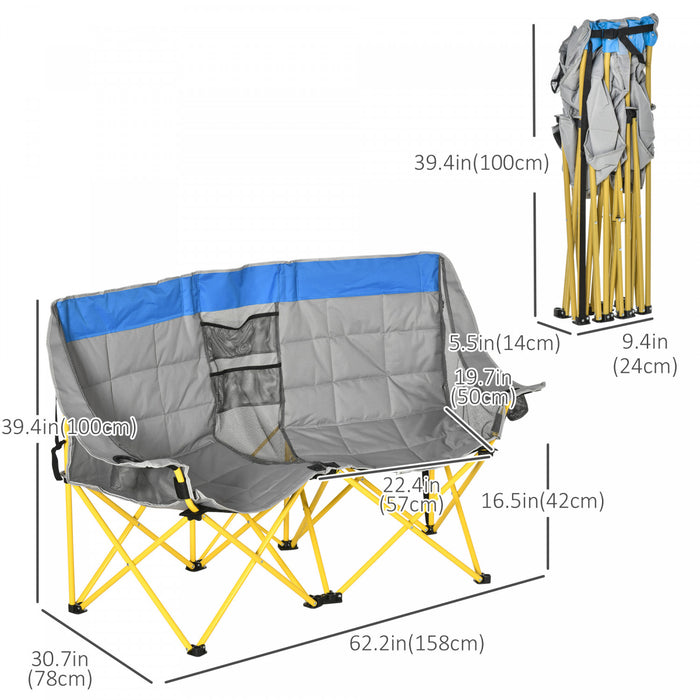 Outsunny 62\" W Double Seat Camping Chair Folding Lawn Loveseat w/ Storage Pocket & Cup Holder Compact in a Bag for Outdoor, Beach, Picnic, Hiking, Travel, Blue