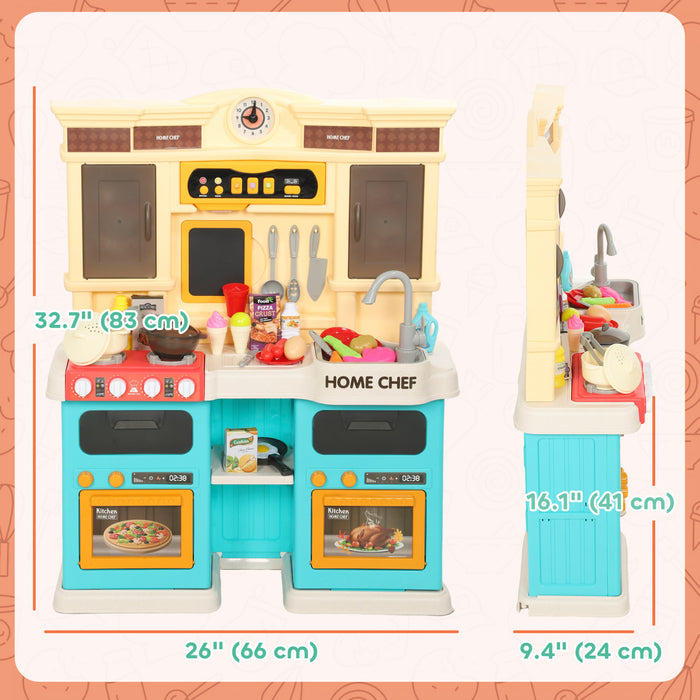 Qaba Kids Kitchen Playset for Toddler, Play Kitchen Set with Real Lights and Sounds, Sink, Stove, Clock, Cookware Accessories, Play Food Set for Aged 3-6 Years Old, Green