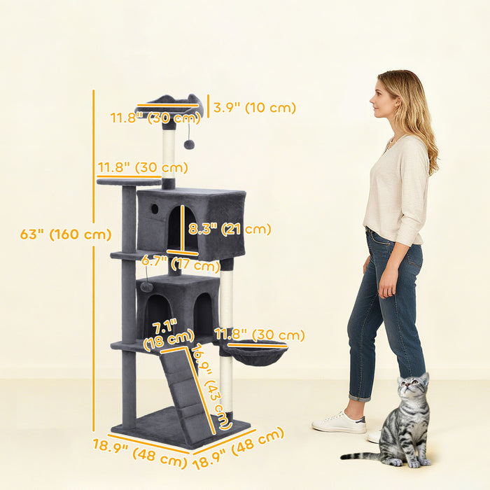 PawHut Cat Tree, 63 Inch Multi-Level Large Cat Tower with Sisal Scratching Posts, Condos, Plush Perches, Hammock, Ladder, Dangling Balls, for Indoor Kittens, Dark Grey