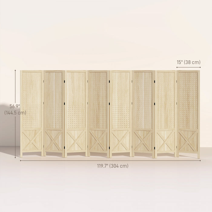 HOMCOM 4.7' 8 Panel Room Divider with Pegboard Display for Indoor, Natural