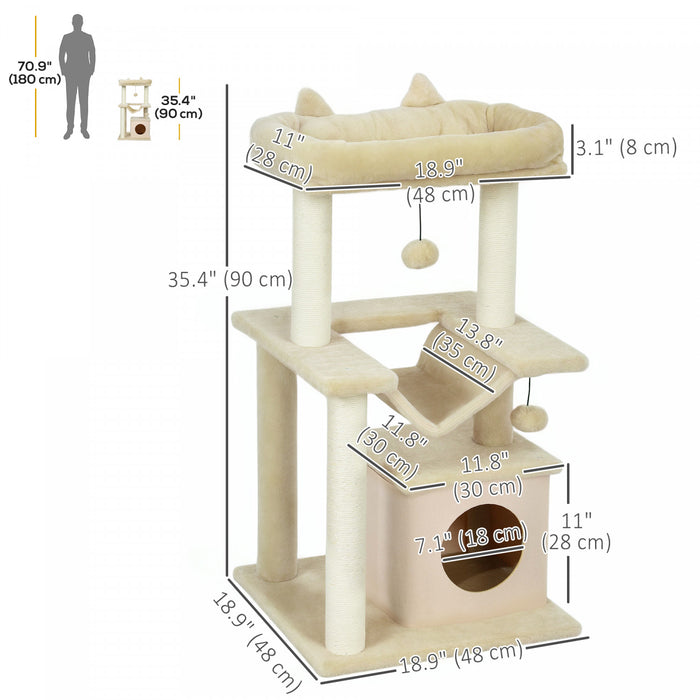 PawHut Cat Tree Tower Multi-Level Kitten House with Scratching Post Condo Hammock Bed Ball Toy - 19 x 19 x 35.5 Inches, Beige