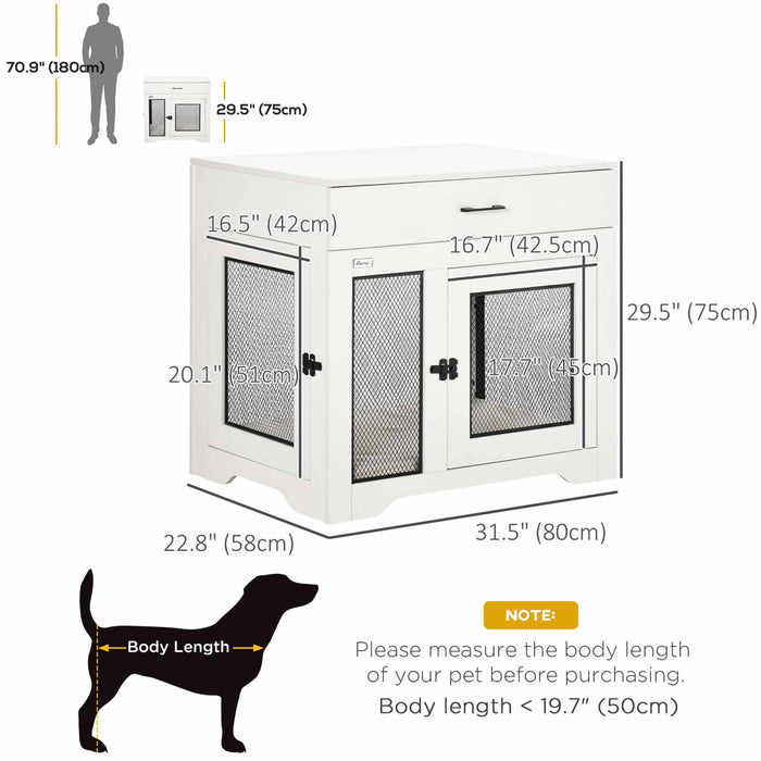 Pawhut 32in Dog Crate Furniture With Cushion, 2 Doors, Dog Kennel End Table With Storage, Indoor Dog Cage For Small Medium Dogs, White
