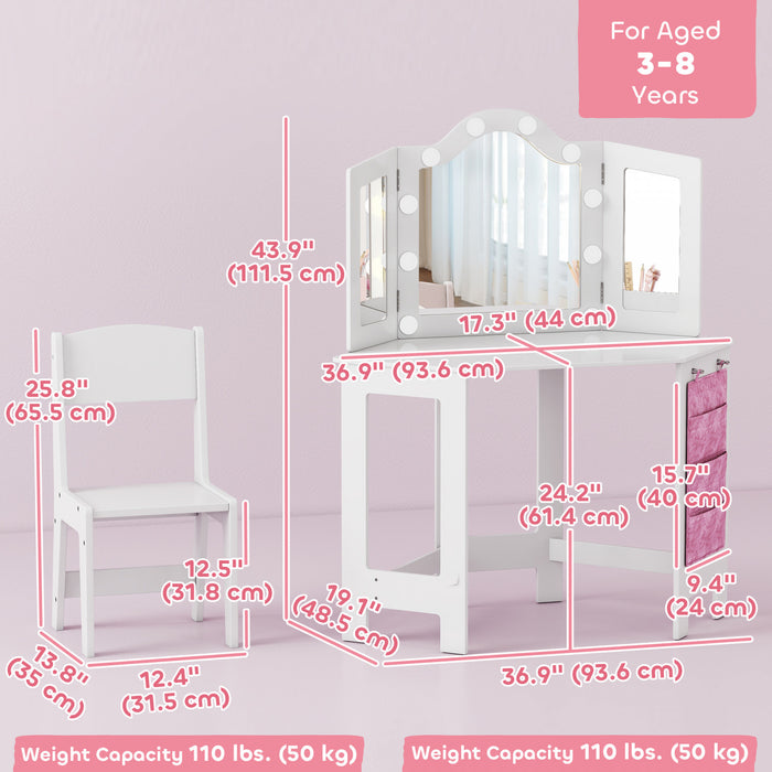 Qaba Kids Vanity Table and Chair Set with Lights, 2 in 1 Makeup Dressing Table with Tri-Fold Mirror and Side Storage Pocket, Pretend Play Vanity for Ages 3-8 Years, White