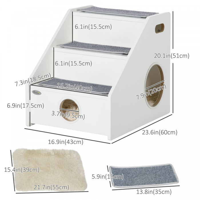 Pawhut Pet Stairs For Miniature Dogs Hidden House, Cat Steps For Couch High Bed Sofa, Portable Puppy Stairs For Climbing With Handles, Non-slip Carpet, Side Holes For Entry, White