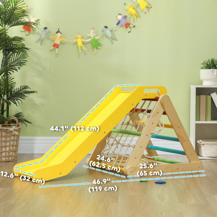 Qaba Pikler Triangle Set, 5 In 1 Climbing Toys For Toddlers, Indoor Montessori Climbing Set, Wooden Jungle Gym For Kids, With Slide, Sandbags, For 18-48 Months, Multicolour