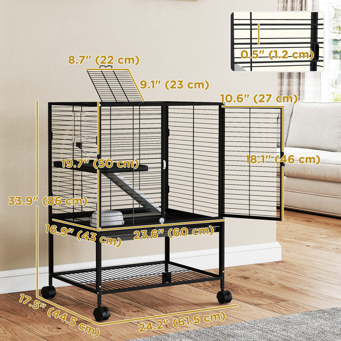 Pawhut Small Animal Cage With Wheels, Pet Playpen For Rat, Kitten, Ferrets, Chinchillas With Bottom Storage Shelf, Removable Tray, Ramp, 24.2\" X 17.9\" X 33.9\", Black
