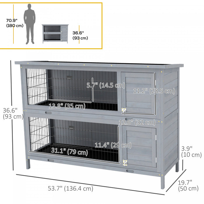 Pawhut 54\" 2-story Large Rabbit Hutch Bunny Cage Wooden Pet House Small Animal Habitat With Lockable Doors, No Leak Tray And Waterproof Roof For Rabbits, Chickens, Ducks, Outdoor/indoor Gray