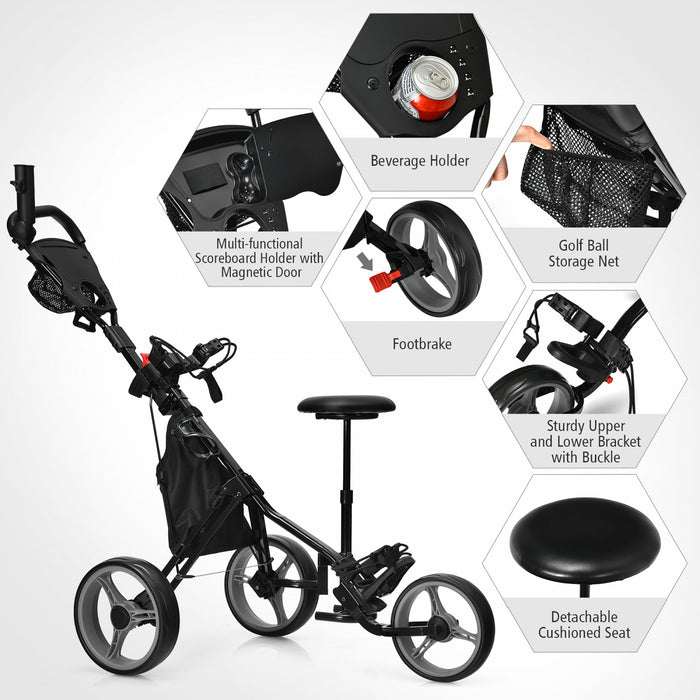 Goplus Folding 3 Wheels Golf Push Cart W/seat Scoreboard Adjustable Handle Grey