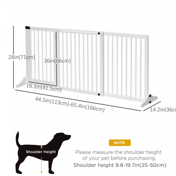Pawhut Wooden Dog Gate, Freestanding Pet Fence For Stair, Doorway, 3 Panels W/ Door, Support Feet For Small Medium Dogs, White, 44.5\"- 65\"l X 28\"h