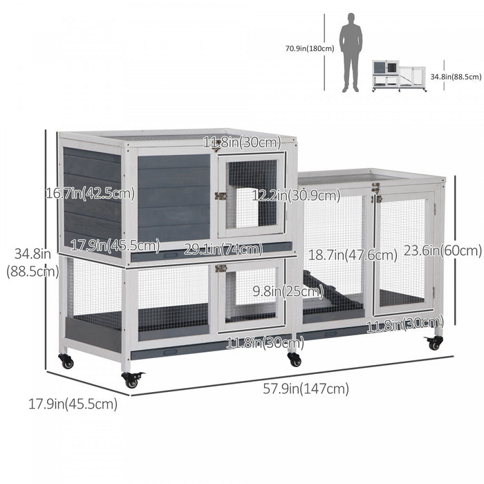 Pawhut Wooden Rabbit Hutch Bunny Hutch Elevated Pet House Cage Small Animal Habitat With No Leak Tray Lockable Door Openable Top For Indoor 57.75\" X 18\" X 32.5\" Grey