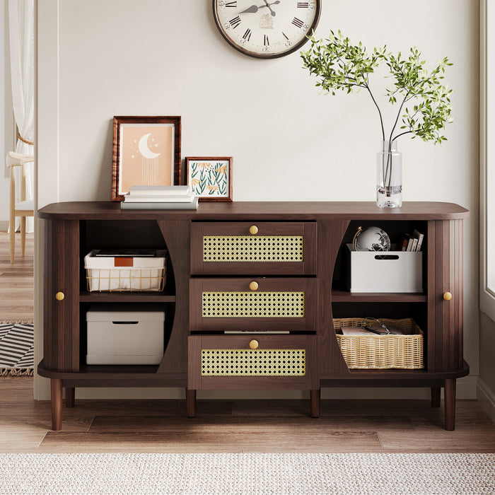 James 55.3\" Modern Minimalist Wood Cabinet with Sliding Doors and Adjustable Shelves,Dark Brown Accent Cabinet