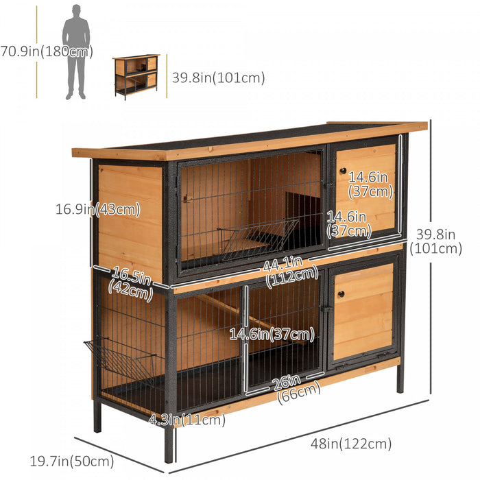 Pawhut 48\" 2-floor Large Rabbit Hutch Wooden Pet House Metal Frame Bunny Cage Small Animal Habitat With Ramp Feeding Trough Lockable Doors Run Area Asphalt Roof For Outdoor Use