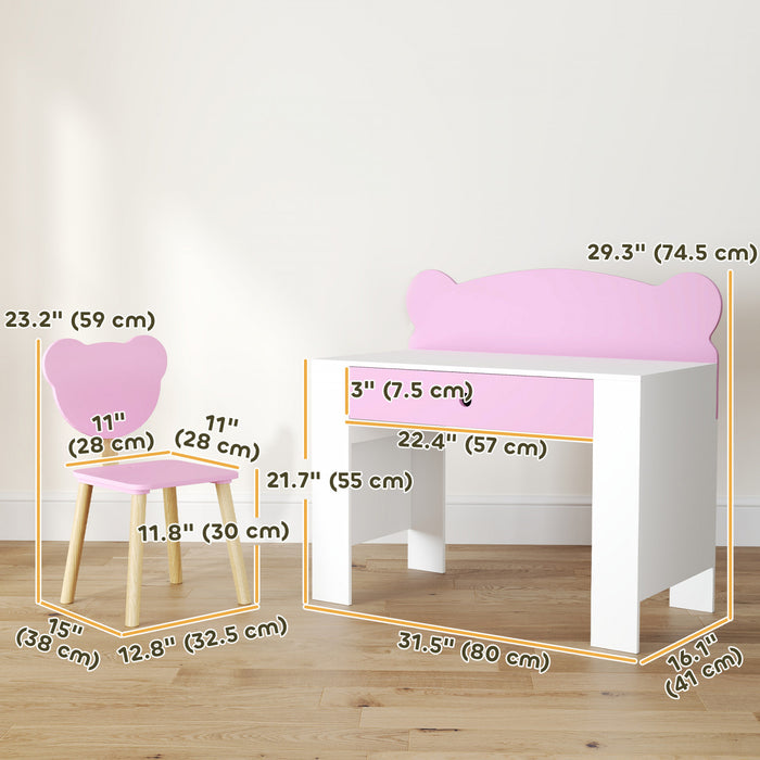 Qaba Kids Desk And Chair Set, Study Table And Chair With Storage Drawer For Drawing, Reading, Writing, Bear Theme Children Activity Table Set For Bedroom, Daycare, Playroom (pink)