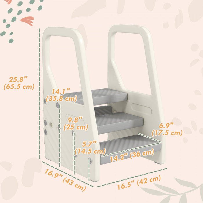 Qaba Toddler Step Stool, 3 Step Toddle Tower with Adjustable Height, Handle, Non-Slip Surface & Foot Pads, Kids Step Stool for Kitchen, Bathroom, Grey