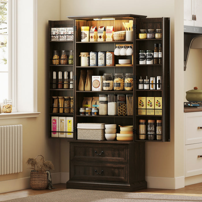 HOMCOM 72\" Kitchen Pantry Cabinet with LED Light and Door Shelves, Brown