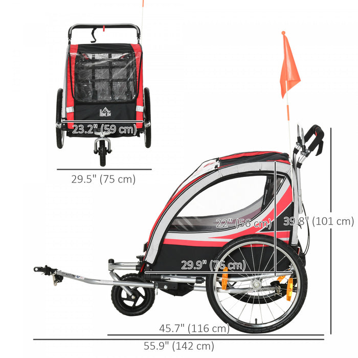 Aosom 2-in-1 Bike Trailer For Kids 2 Seater, Baby Stroller With Brake, Storage Bag, Safety Flag, Reflectors & 5 Point Harness, Red