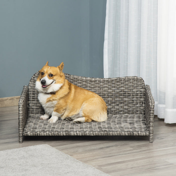 Pawhut Rattan Pet Sofa For Large & Medium Dogs, Indoor & Outdoor Raised Wicker Dog Bed, Cat Couch, With Soft Washable Cushion, Light Grey