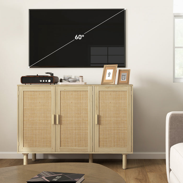 HOMCOM Bohemian Sideboard with 3 Rattan Doors and Shelves Oak