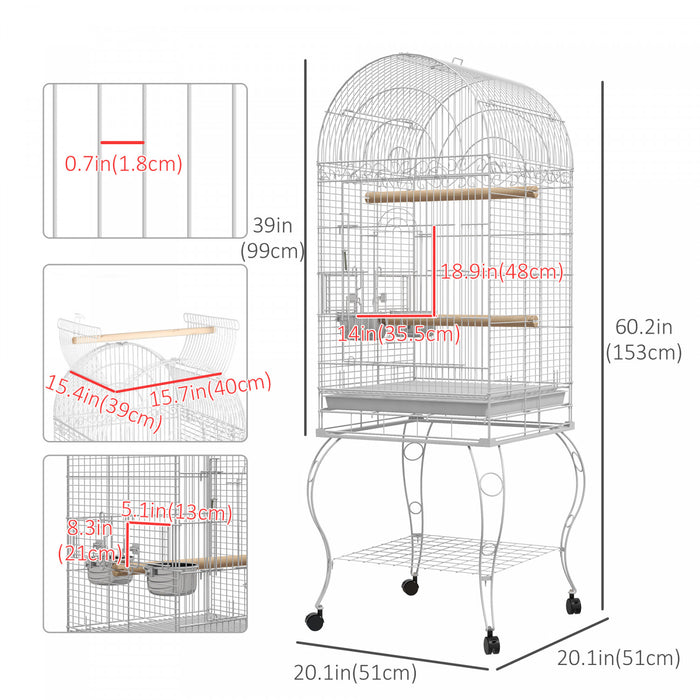 Pawhut 60\" Bird Cage Open Top For Finches, Canaries, Budgies, With Rolling Stand, Removable Tray, Storage Shelf
